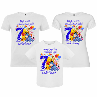 Set de 3 tricouri aniversare pentru mama,tata si copil personalizate cu varsta si nume model Winnie