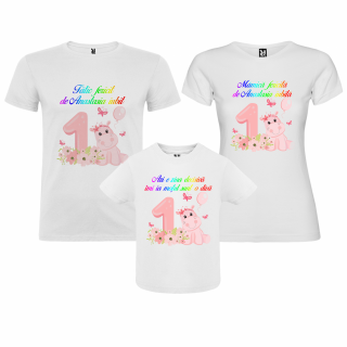 Set de 3 tricouri aniversare pentru mama,tata si copil personalizate  model Hippo