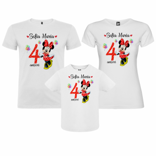 Set de 3 tricouri aniversare pentru nasi, parinti si copil, personalizate cu nume si varsta model: Red Minnie Mouse