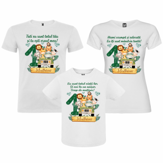 Set de 3 tricouri aniversare pentru nasi, parinti si copil, personalizate cu nume si varsta model Safari