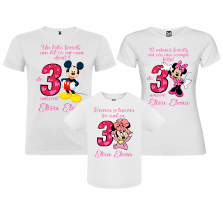 Set de 3 tricouri aniversare pentru nasi, parinti si copil, personalizate cu nume, varsta si mesaj   Fericirea si bucuria lor sunt eu   model cu Minnie Mouse