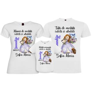 Set de 3 tricouri aniversare pentru parinti si copil, personalizate cu nume, varsta si mesaj   Motata minunata iubita si alintata, printesa