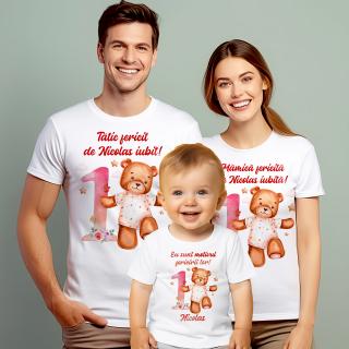 Set de 3 tricouri aniversare pentru parinti si copil, personalizate cu Ursulet bear