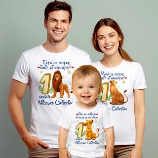 Set de 3 tricouri aniversare pentru parinti si copil, personalizate model Lion King