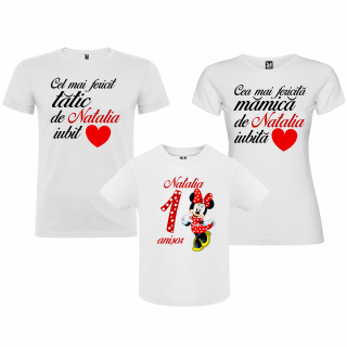 Set de 3 tricouri personalizate pentru nasi parinti si copil cu model Cea mai fericita mamica.Minnie Mouse