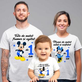 Set de 5 tricouri aniversare pentru nasi, parinti si copil   Am un anisor si scap de motisor   model Mickey Mouse