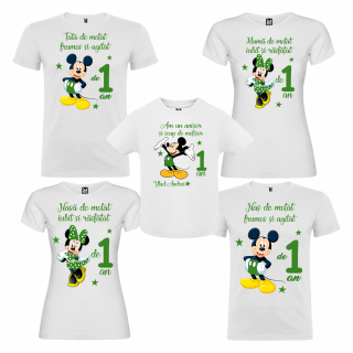 Set de 5 tricouri aniversare pentru nasi, parinti si copil, personalizate cu Mickey Mouse