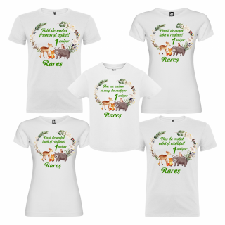 Set de 5 tricouri aniversare pentru nasi, parinti si copil, personalizate cu model animalute