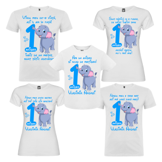 Set de 5 tricouri aniversare pentru nasi, parinti si copil, personalizate cu model Elefantel
