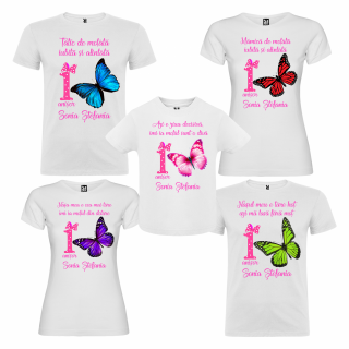 Set de 5 tricouri aniversare pentru nasi, parinti si copil, personalizate cu model fluture