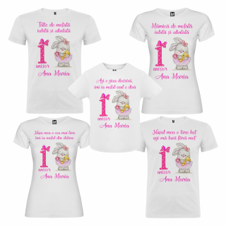 Set de 5 tricouri aniversare pentru nasi, parinti si copil, personalizate cu model iepuras