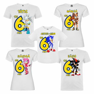 Set de 5 tricouri aniversare pentru nasi,parinti si copil,personalizate cu model Sonic