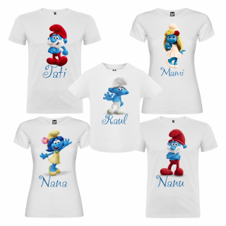 Set de 5 tricouri aniversare pentru nasi, parinti si copil, personalizate cu model Strumfi 2