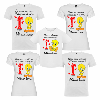 Set de 5 tricouri aniversare pentru nasi, parinti si copil, personalizate cu model Tweety