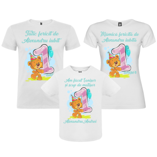 Set de 5 tricouri aniversare pentru nasi, parinti si copil, personalizate cu model Ursulet