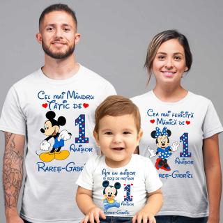 Set de 5 tricouri aniversare pentru nasi, parinti si copil, personalizate cu nume si mesaj    Am un anisor si scap de motisor   model Mickey Mouse