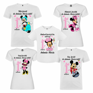 Set de 5 tricouri aniversare pentru nasi, parinti si copil, personalizate cu nume si mesaj model Mickey Mouse