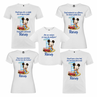 Set de 5 tricouri aniversare pentru nasi, parinti si copil, personalizate cu nume Sunt mamica ca o floare model cu Baby Mickey Mouse