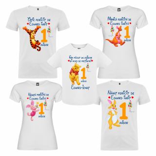 Set de 5 tricouri aniversare pentru nasi, parinti si copil, personalizate cu nume, varsta si mesaj, model cu Winnie the Pooh