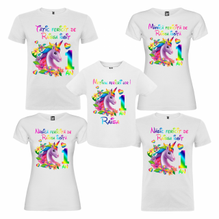 Set de 5 tricouri aniversare pentru nasi, parinti si copil, personalizate cu nume, varsta si mesaj   Motivul fericirii lor   model Unicorn