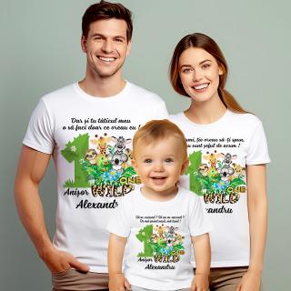 Set de 5 tricouri aniversare pentru nasi, parinti si copil, personalizate Jungla WILD One