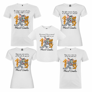 Set de 5 tricouri aniversare pentru nasi, parinti si copil, personalizate nume, Model : Tom si Jerry