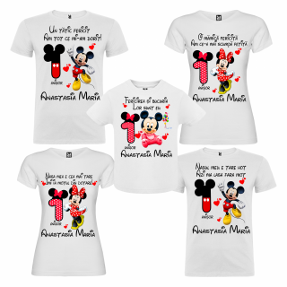 Set de 5 tricouri aniversare pentru nasi, parinti si copil, personalizatemodel Mickey Mouse pentru fetite