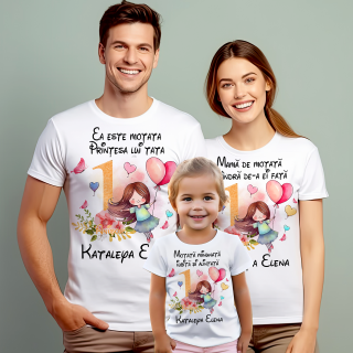 Set de 5 tricouri personalizate pentru nasi, parinti si copil Fetita cu baloane