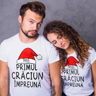 Set tricouri personalizate pentru cuplu cu modelul   Primul Craciun impreuna, Mr. Mrs.