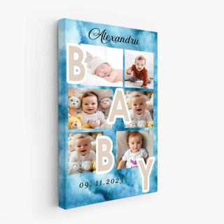 Tablou canvas personalizat colaj 6 poze, nume si data model  Sweet baby