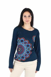 Bluza cu maneca lunga cu print all over si broderie mandala - Teal
