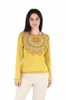 Bluza cu maneca lunga din bumbac cu print mandala si detalii la guler - Mustar