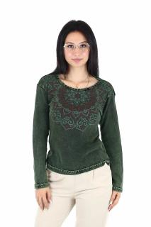 Bluza cu maneca lunga din bumbac cu print mandala si detalii la guler - Verde Inchis