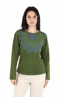 Bluza cu maneca lunga din bumbac cu print mandala si detalii la guler - Verde