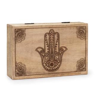 Cutie mare de depozitare din lemn gravata - Hamsa (21.5x14x6.3cm)