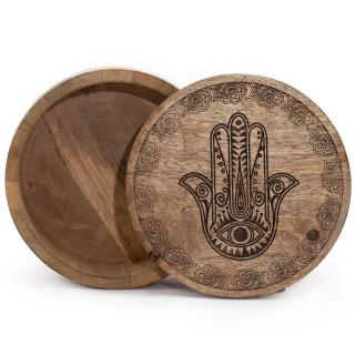 Cutie rotunda de depozitare din lemn gravata - Hamsa (17.5x7.5cm)