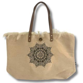 Geanta din Bumbac Canvas cu Manere din Piele - Floarea Vietii