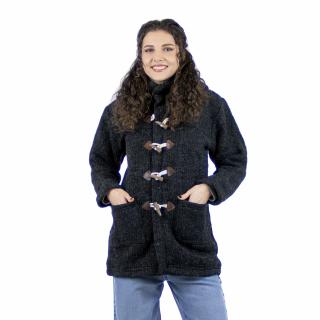 Jacheta lunga din lana captusita cu polar si nasturi din lemn - Negru