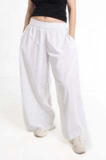 Pantaloni Culottes din Bumbac cu Banda Elastica in Talie si Buzunare Laterale - Alb