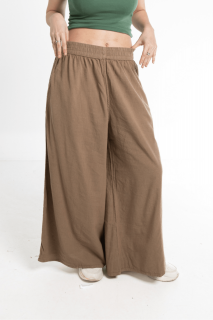 Pantaloni Culottes din Bumbac cu Banda Elastica in Talie si Buzunare Laterale - Bej Inchis