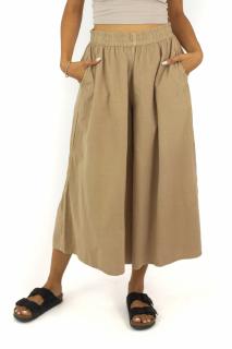 Pantaloni Culottes din Bumbac cu Banda Elastica in Talie si Buzunare Laterale - Bej
