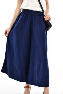 Pantaloni Culottes din Bumbac cu Banda Elastica in Talie si Buzunare Laterale - Bleumarin