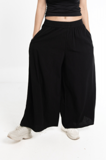 Pantaloni Culottes din Bumbac cu Banda Elastica in Talie si Buzunare Laterale - Negru