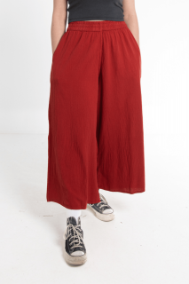 Pantaloni Culottes din Bumbac cu Banda Elastica in Talie si Buzunare Laterale - Ruginiu