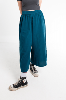 Pantaloni Culottes din Bumbac cu Banda Elastica in Talie si Buzunare Laterale - Teal