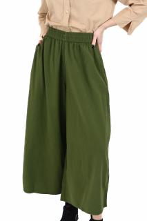 Pantaloni Culottes din Bumbac cu Banda Elastica in Talie si Buzunare Laterale - Verde
