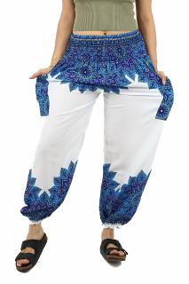 Pantaloni Jasmine cu print Mandala 2 - Alb cu Albastru