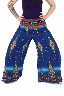 Pantaloni palazzo cu brau etno si print floral - Albastru