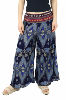 Pantaloni palazzo cu brau etno si print hindus si floral - Albastru