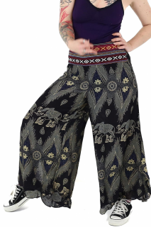 Pantaloni palazzo cu brau etno si print hindus si floral - Negru
